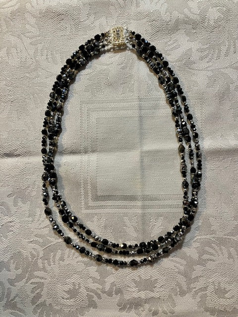 Triple strand black and silver Czech glass necklace